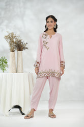 Blush Short Shirt with Leather Cutwork & 3D Floral Details