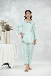 Ice BlueCollared Shirt with Minimal Embroidery