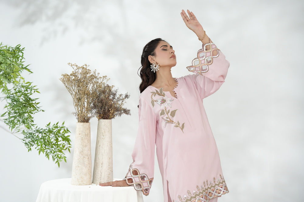 Blush Short Shirt with Leather Cutwork & 3D Floral Details