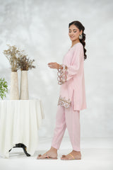 Blush Short Shirt with Leather Cutwork & 3D Floral Details