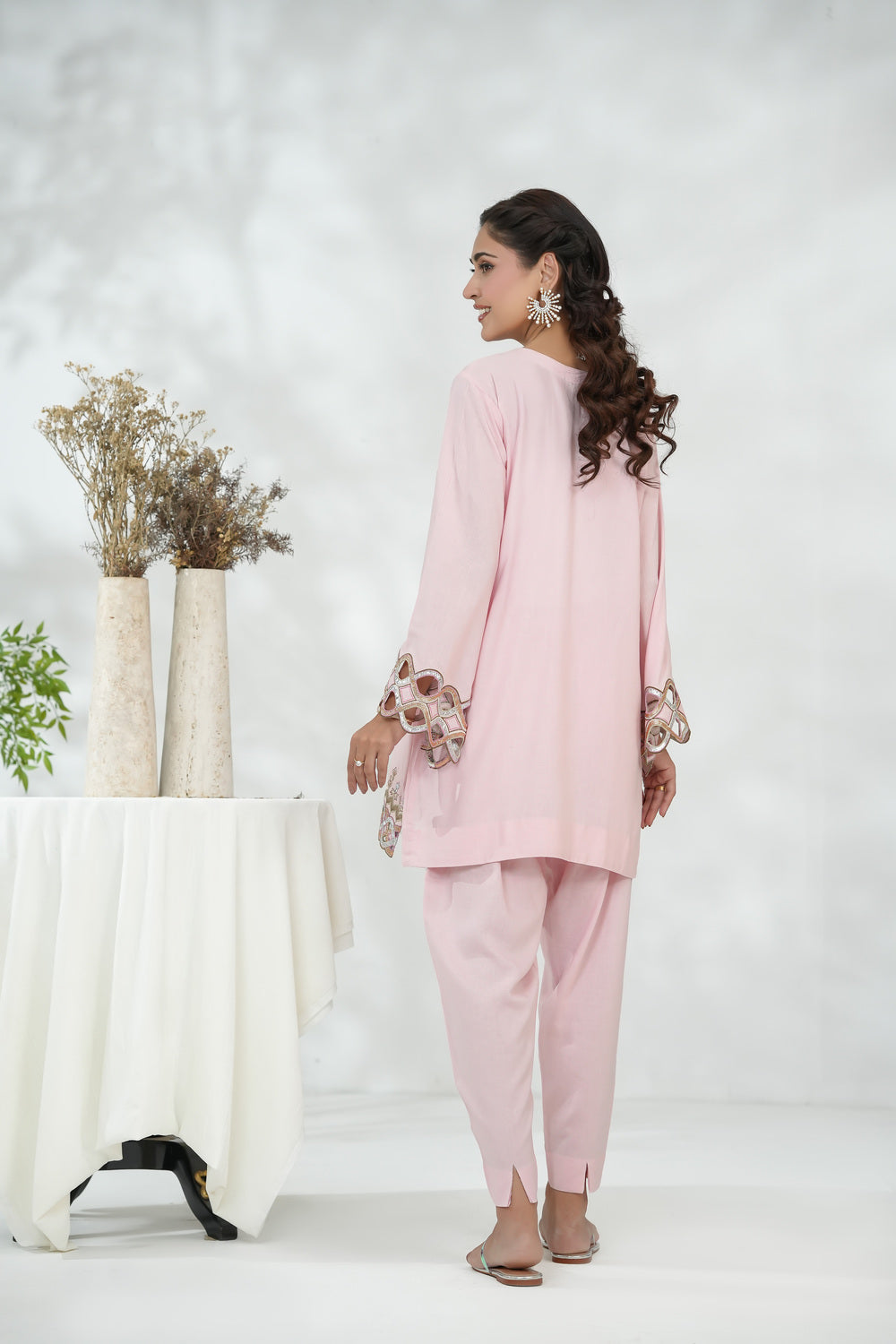 Blush Short Shirt with Leather Cutwork & 3D Floral Details