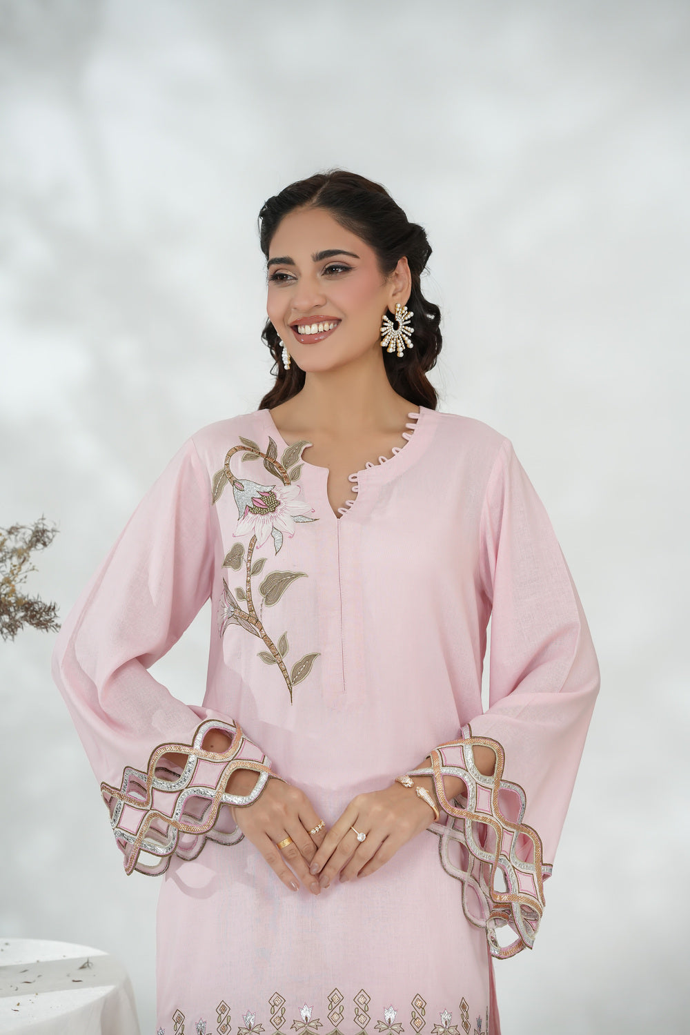 Blush Short Shirt with Leather Cutwork & 3D Floral Details