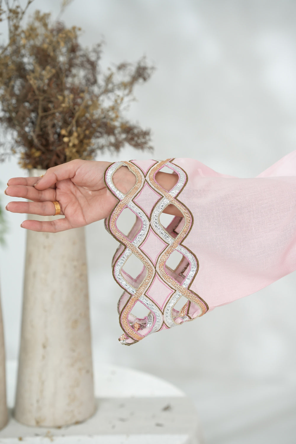 Blush Short Shirt with Leather Cutwork & 3D Floral Details