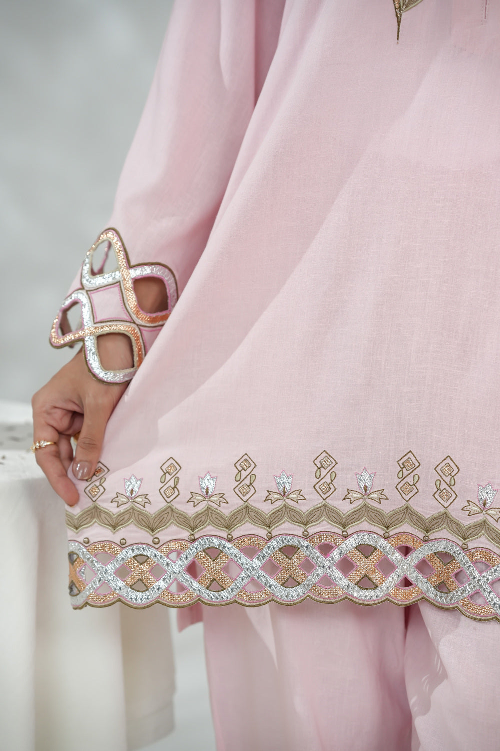 Blush Short Shirt with Leather Cutwork & 3D Floral Details