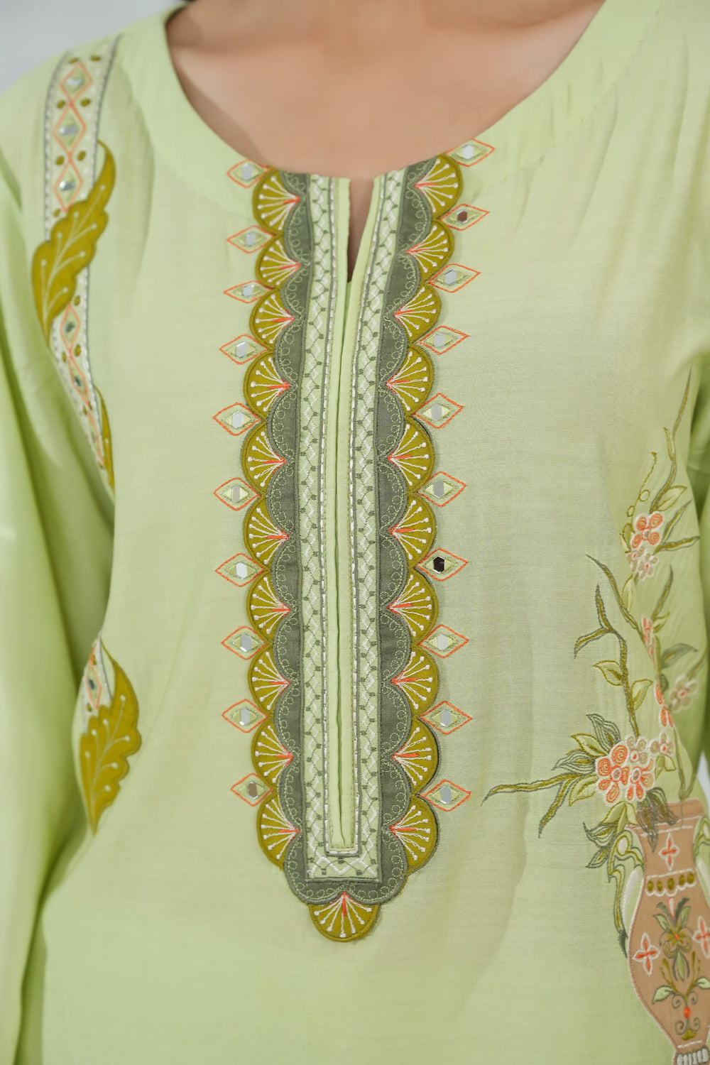 Embroidered Dress with Leather Appliqué Details
