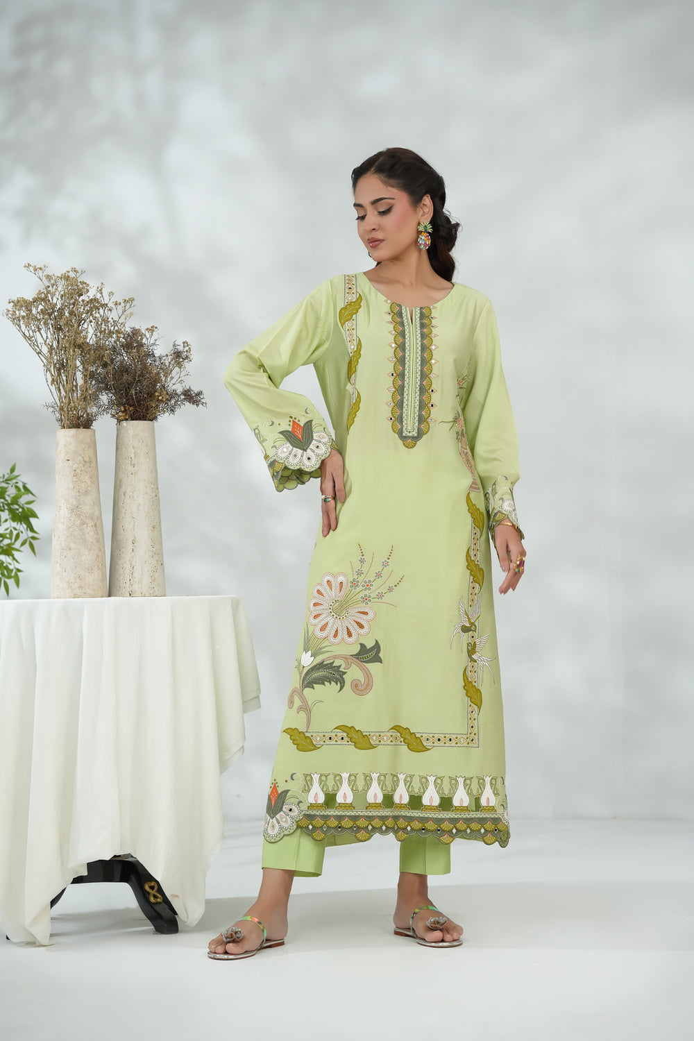 Embroidered Dress with Leather Appliqué Details