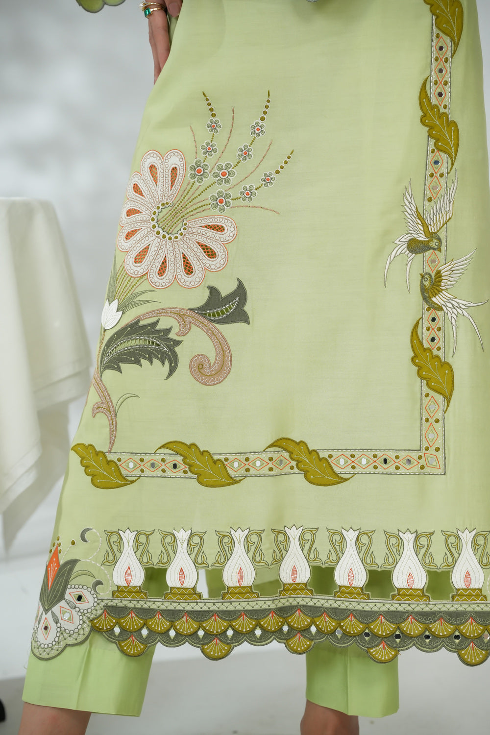 Embroidered Dress with Leather Appliqué Details