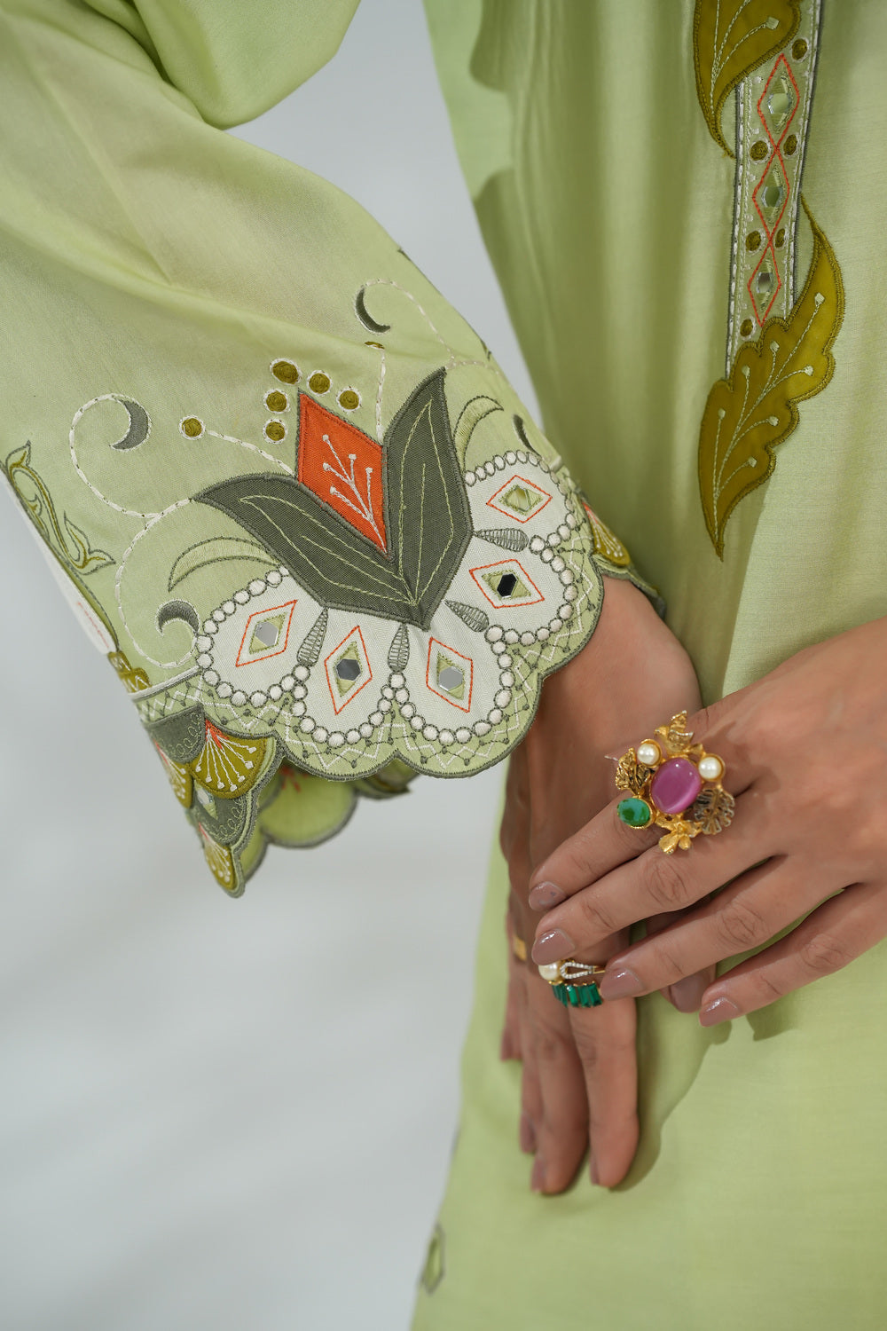 Embroidered Dress with Leather Appliqué Details
