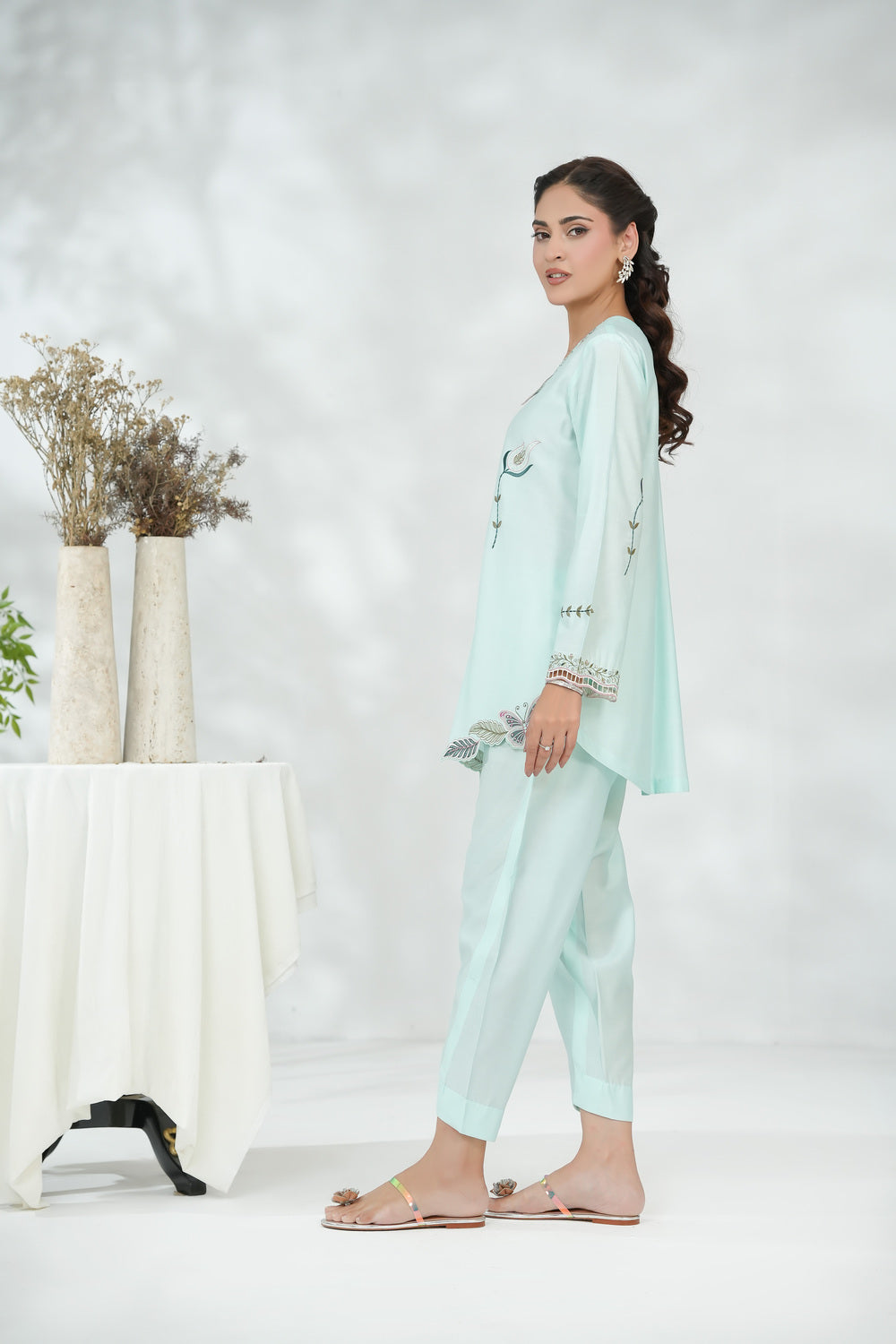 Ice BlueCollared Shirt with Minimal Embroidery