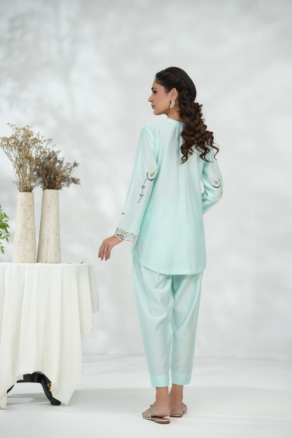 Ice BlueCollared Shirt with Minimal Embroidery