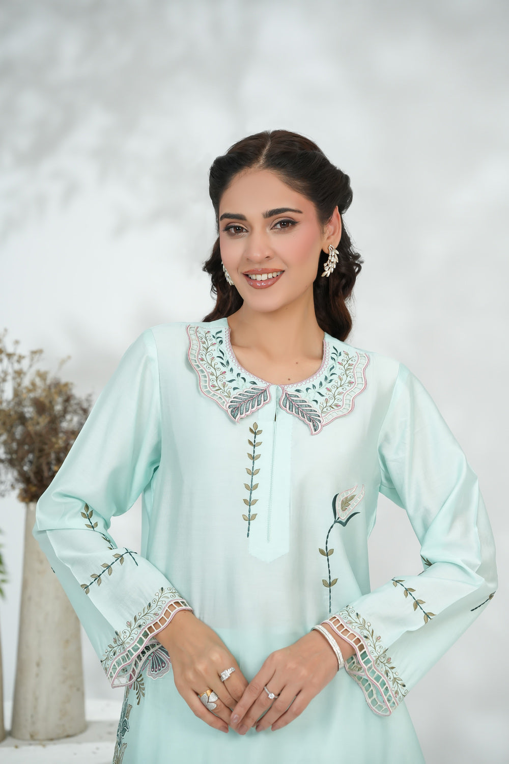 Ice BlueCollared Shirt with Minimal Embroidery