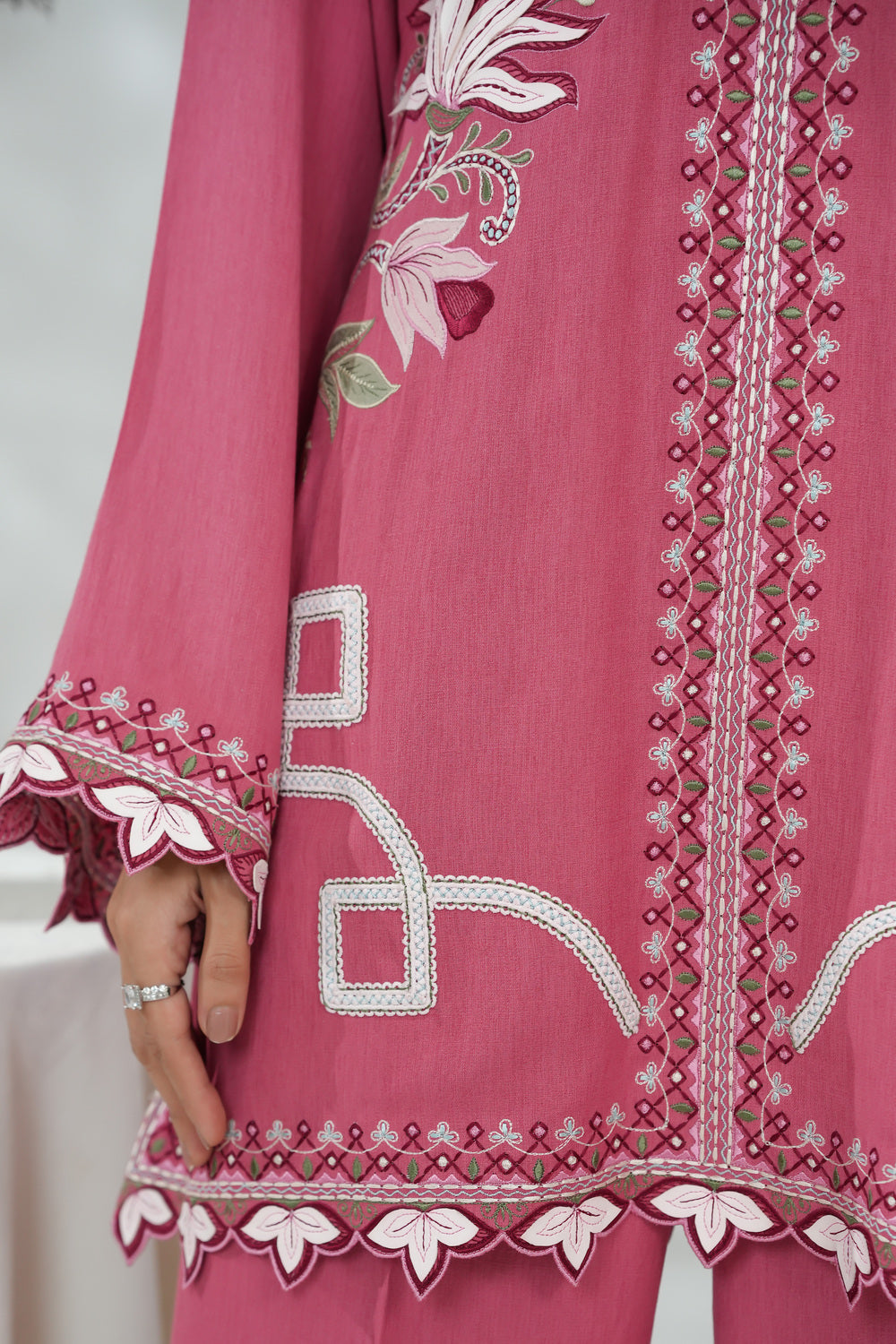 Lace Appliqué Dress with Leather Cutwork Details