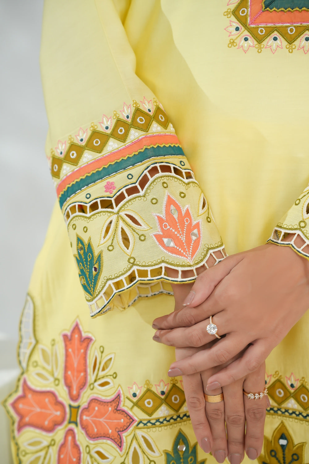 Yellow Floral Embroidered Shirt with Straight Trousers