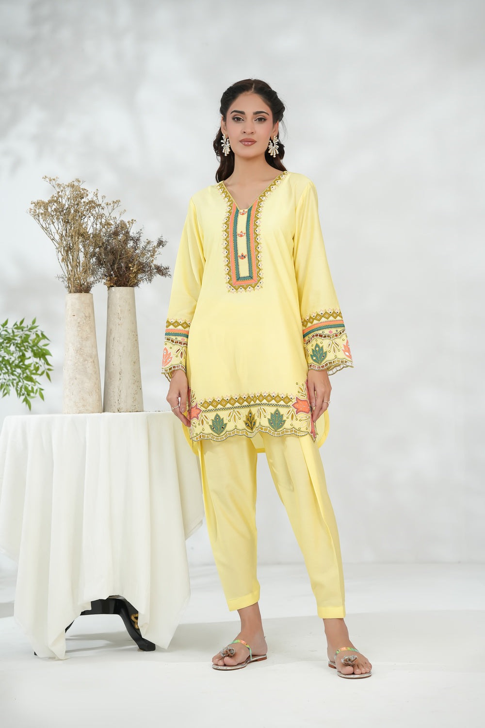 Yellow Floral Embroidered Shirt with Straight Trousers