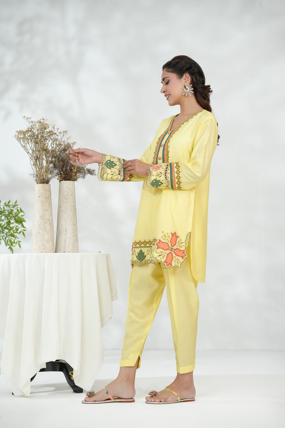 Yellow Short Shirt with Minimal Contrast Embroidery & Shalwar