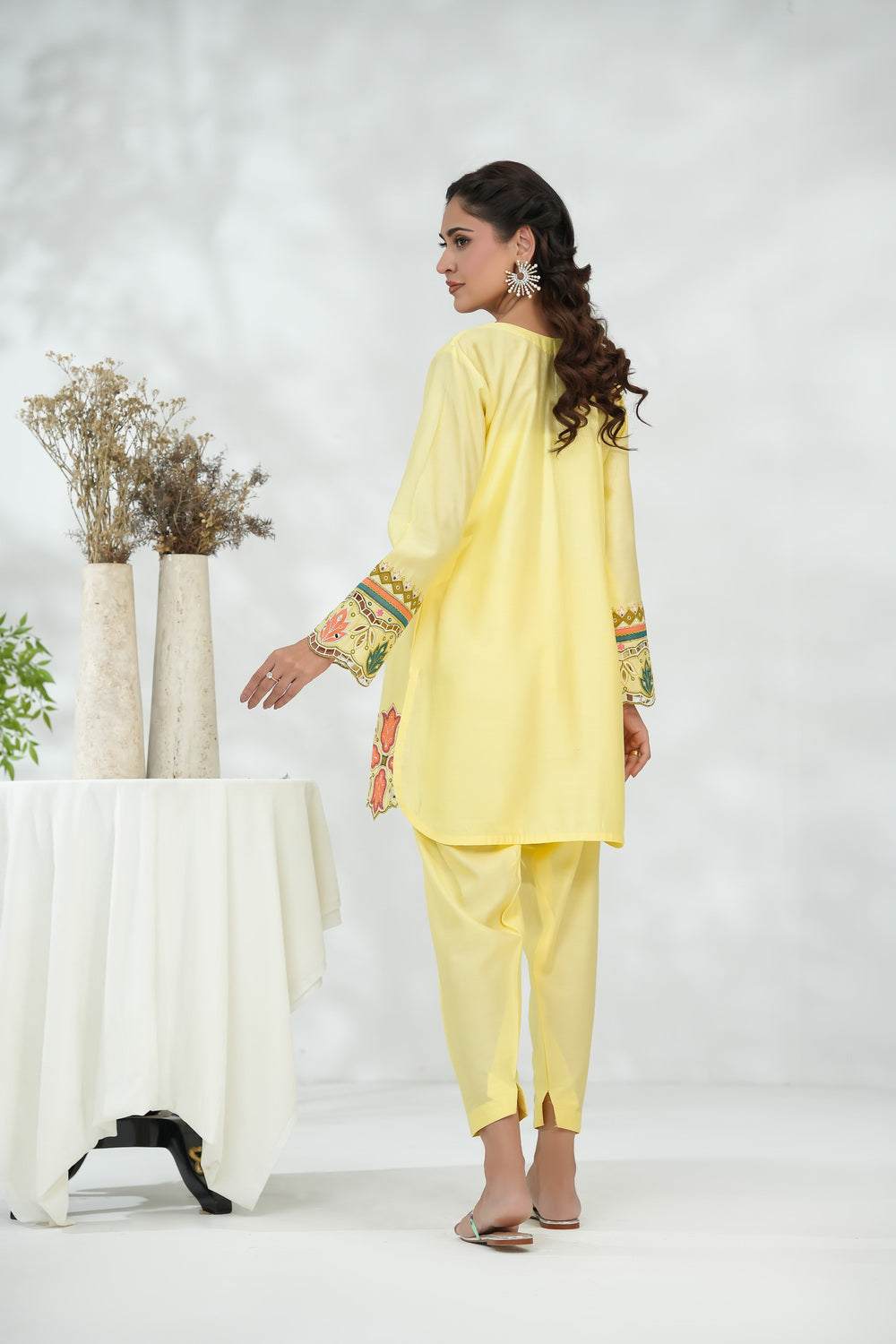 Yellow Short Shirt with Minimal Contrast Embroidery & Shalwar