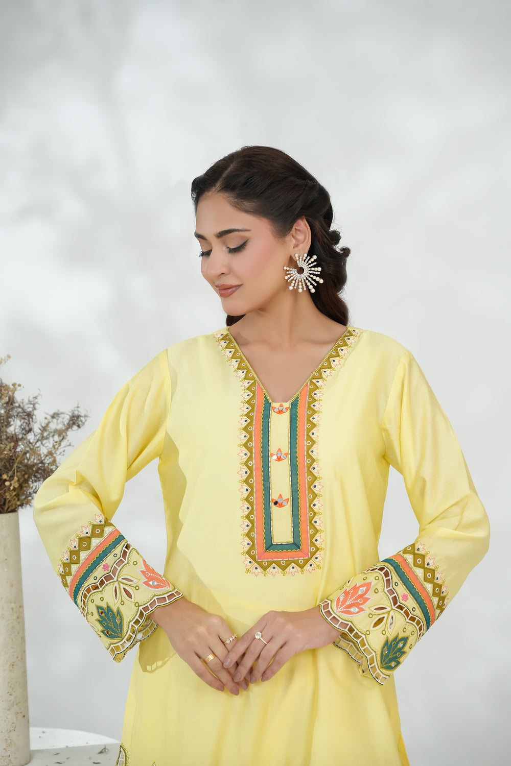 Yellow Floral Embroidered Shirt with Straight Trousers