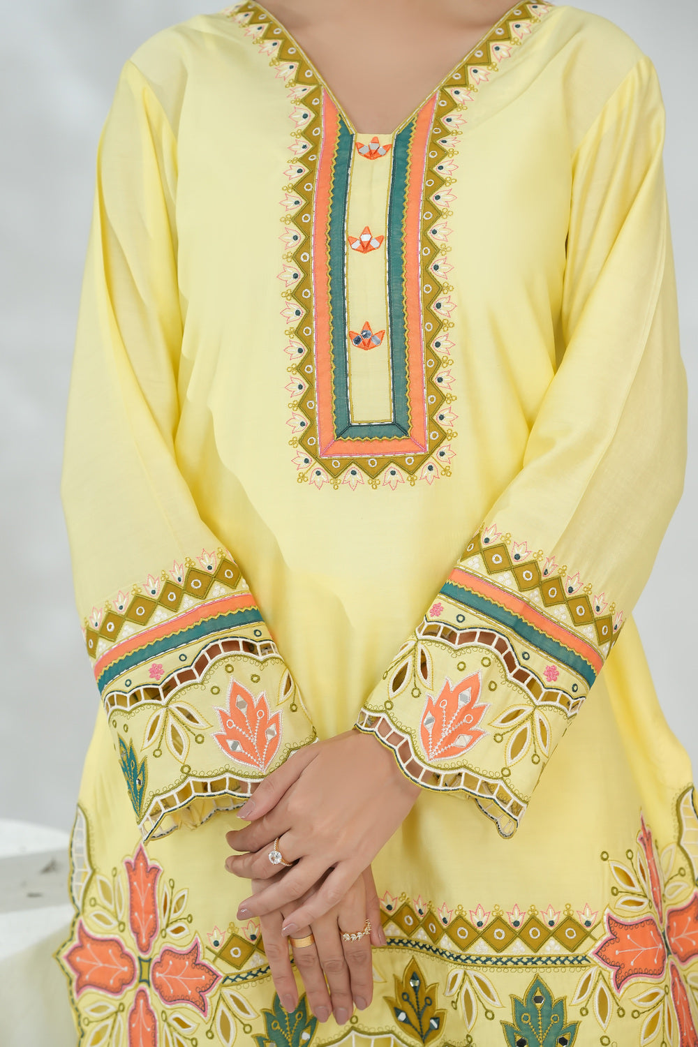 Yellow Short Shirt with Minimal Contrast Embroidery & Shalwar